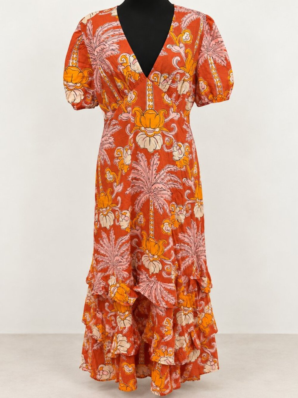 Zara Tropical Floral Puff Sleeve High-Low Maxi Dress Orange Pink